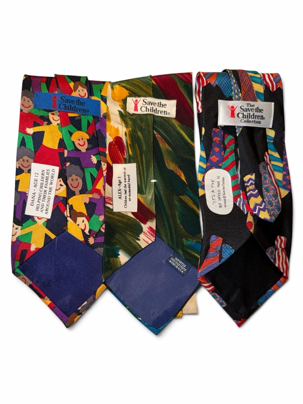 Vintage Save the Children Silk Tie Lot of 3 Men's Novelty Neckties Kids Art